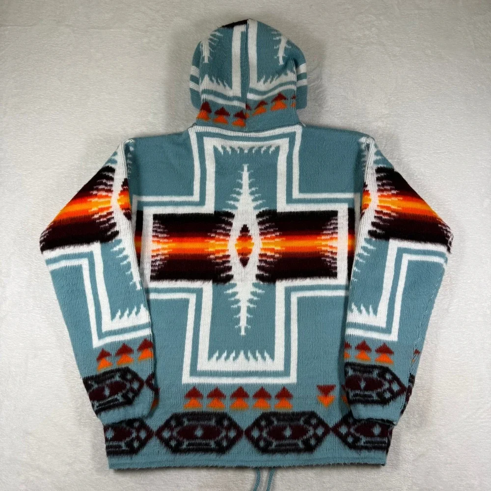 Artesanias Tuntaquimba Wool Hooded Sweater Small Blue Aztec Zip Up Ecuador
